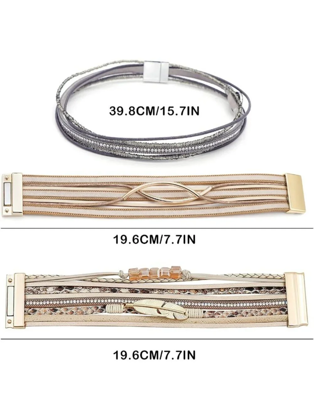 Stylish 3-Pack Leather Cuff Bracelets Set | Multilayer Wrap, Crystal & Feather